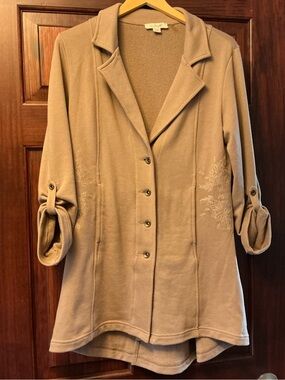 Simply Noelle Taupe Button-Front Long Blazer with Embroidered Sides